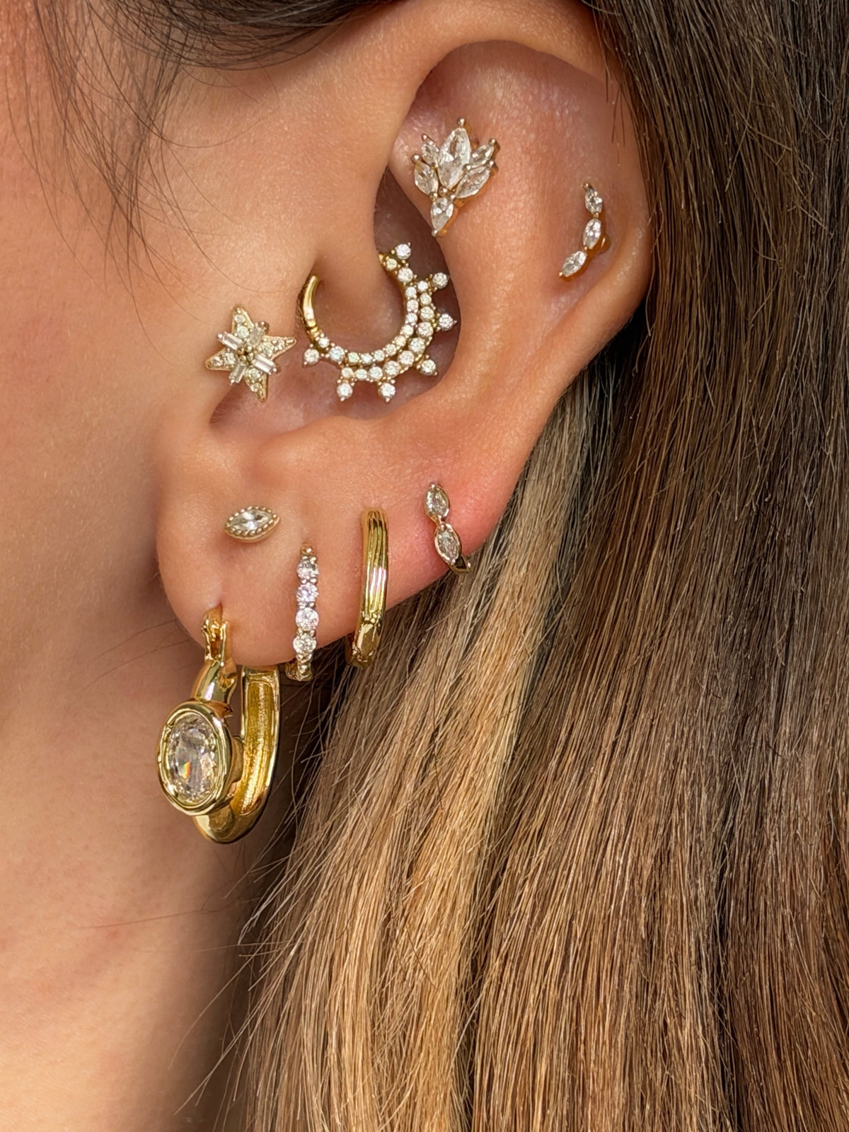 Gold Rengi İkili Damla Taşlı Xupıng Kadın Piercing