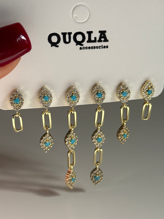Gold Rengi Mavi Gözlü Set Küpe