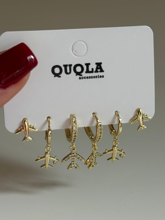 Gold Rengi Uçak Model Set Küpe