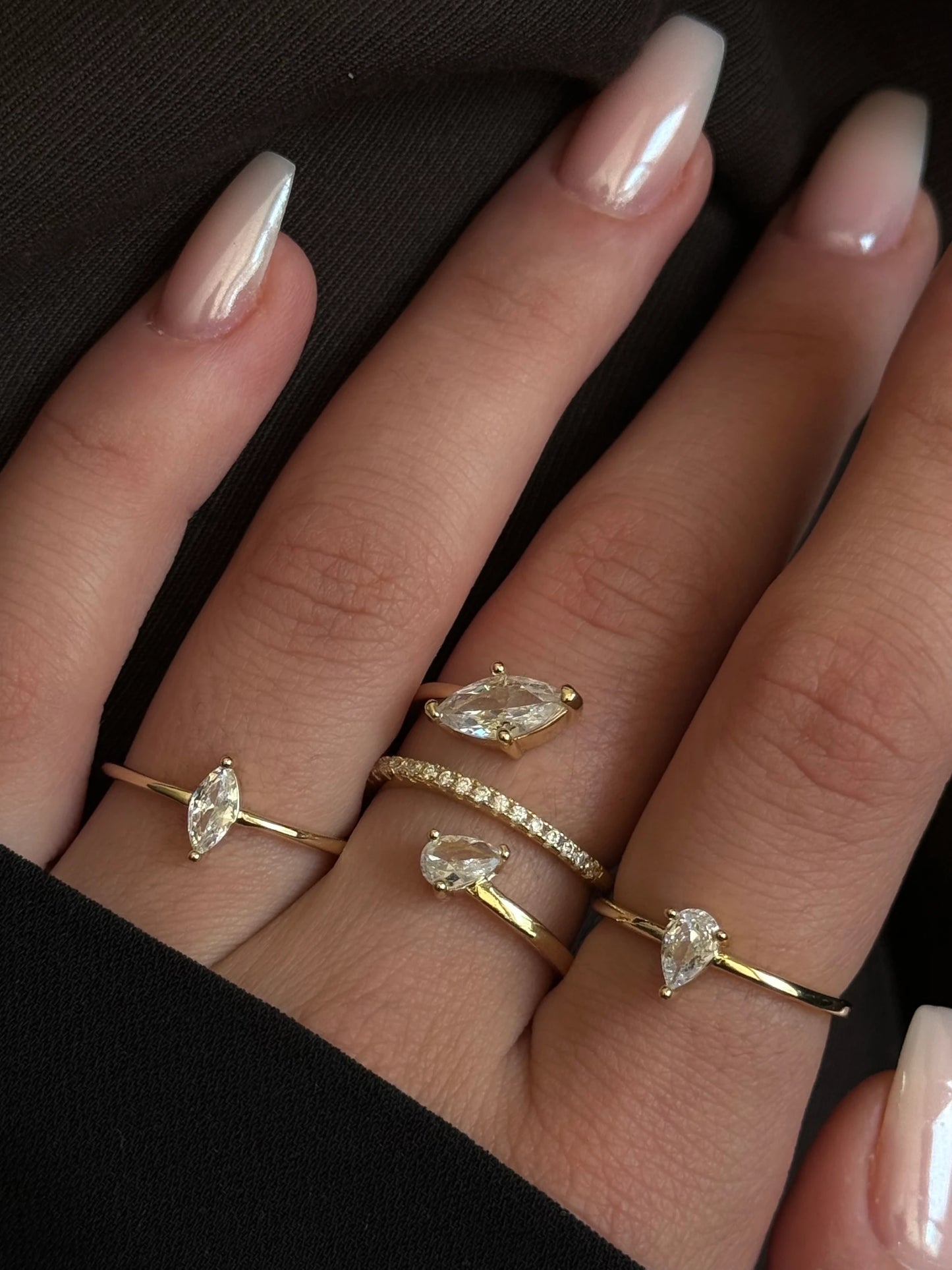 Gold Rengi İkili Damla Taşlı Üç Sıra Kadın Yüzük