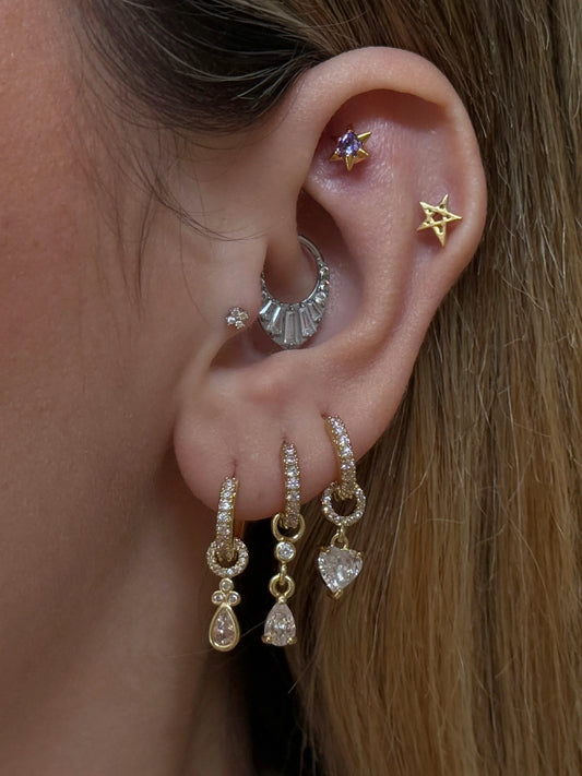 Gold Rengi Mor Zirkon Taşlı Kalp Figürlü Çivili Model Kadın Piercing