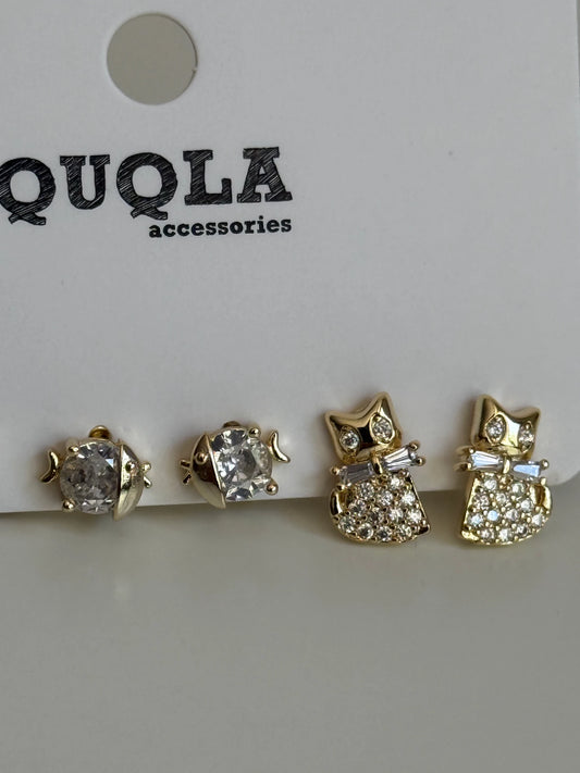Gold RengiKedi Ve Taşlı Set Küpe