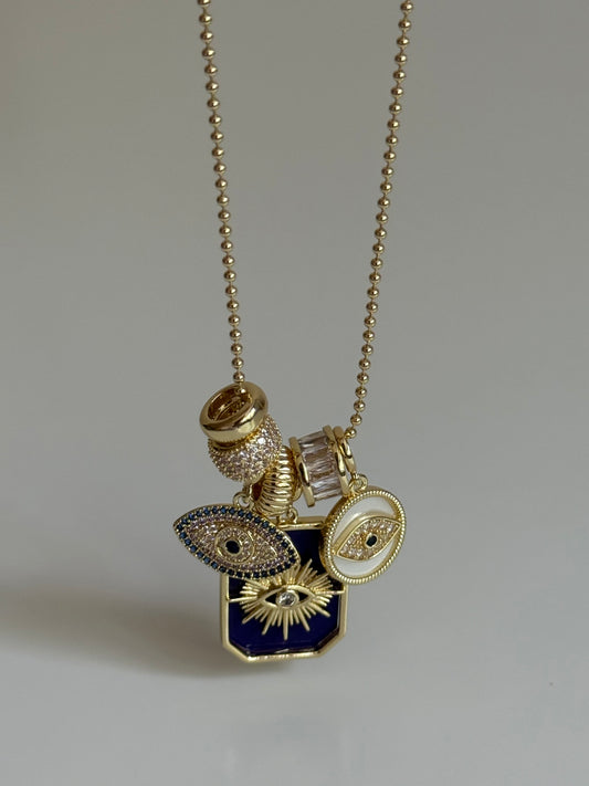 Gold Rengi Lacivert Gözlü Charm Kadın Kolye