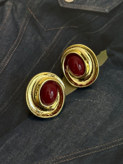 Gold Rengi Renkli Taşlı Oval Model Kadın Küpe