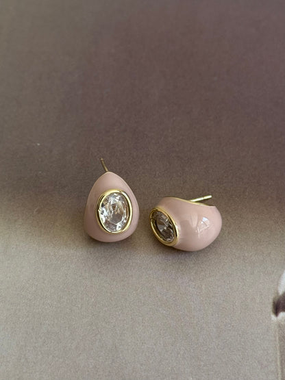 Gold Rengi Oval Taşlı Pembe Kadın Küpe