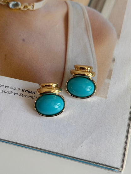 Gold Rengi Renkli Taşlı Oval Model Kadın Küpe