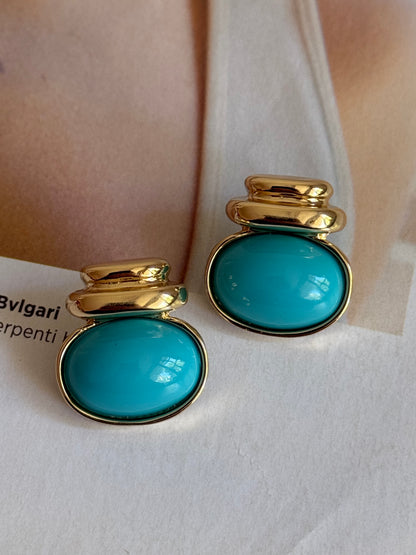 Gold Rengi Renkli Taşlı Oval Model Kadın Küpe