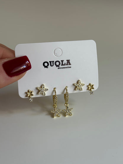 Gold Rengi Sallantılı Çiçek Model Set Küpe
