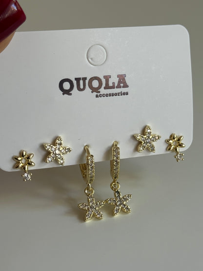 Gold Rengi Sallantılı Çiçek Model Set Küpe