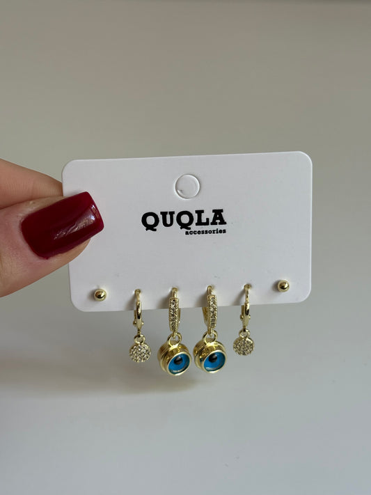 Gold Rengi Mavi Göz Sallantılı Set Küpe