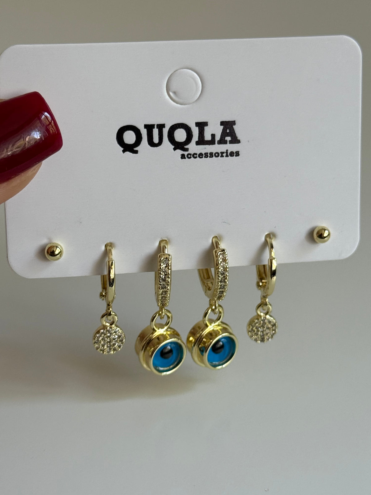 Gold Rengi Mavi Göz Sallantılı Set Küpe