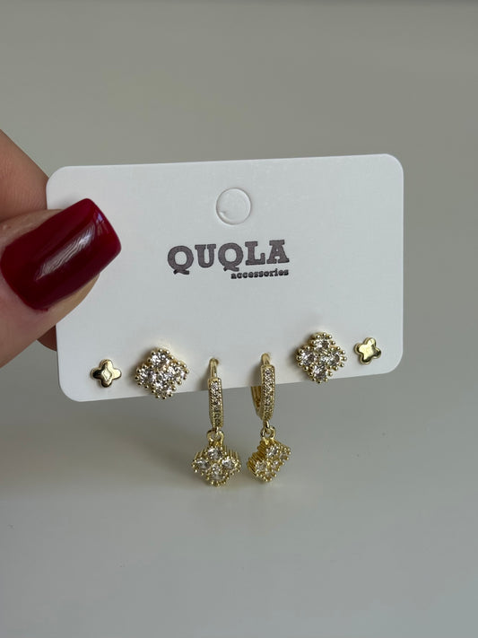 Gold Rengi Yonca Set Küpe