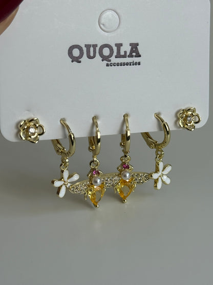 Gold Rengi Çiçek&Arı Sallantılı Set Küpe