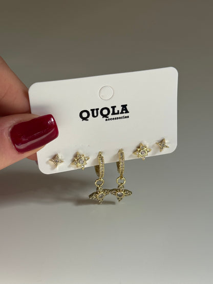 Gold Rengi Çiçek Model Sallantılı Set Küpe