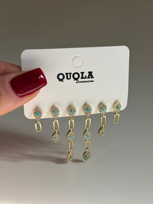 Gold Rengi Mavi Gözlü Set Küpe