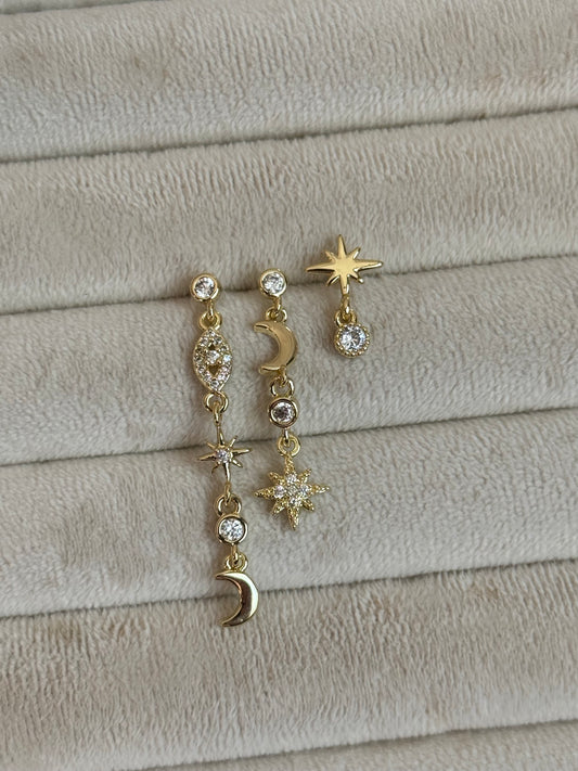 Gold Rengi Ay Yıldız Model Üçlü Set Küpe