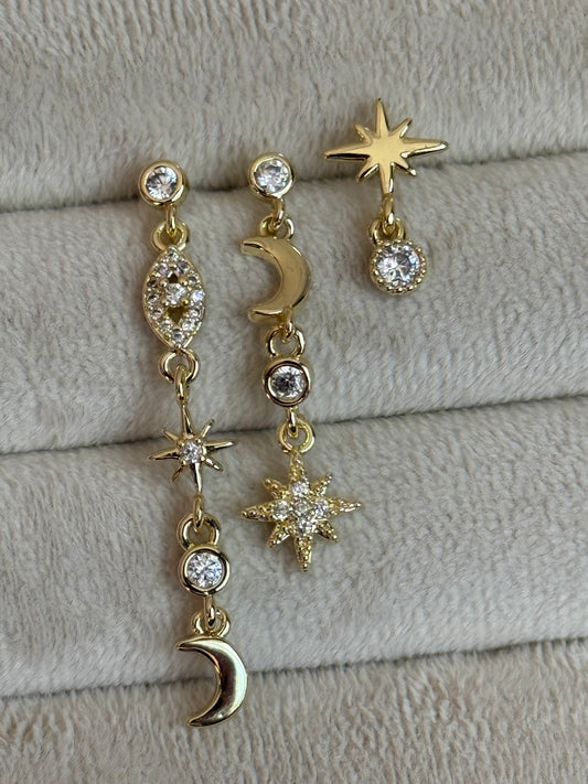 Gold Rengi Ay Yıldız Model Üçlü Set Küpe