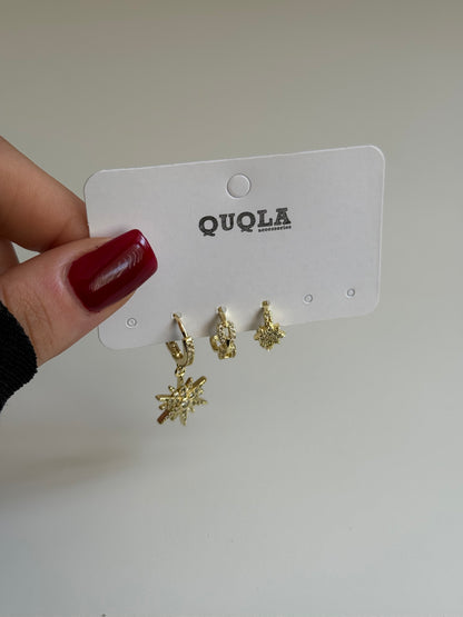 Gold Rengi Kutup Yıldızı Sallantılı Üçlü Set Küpe