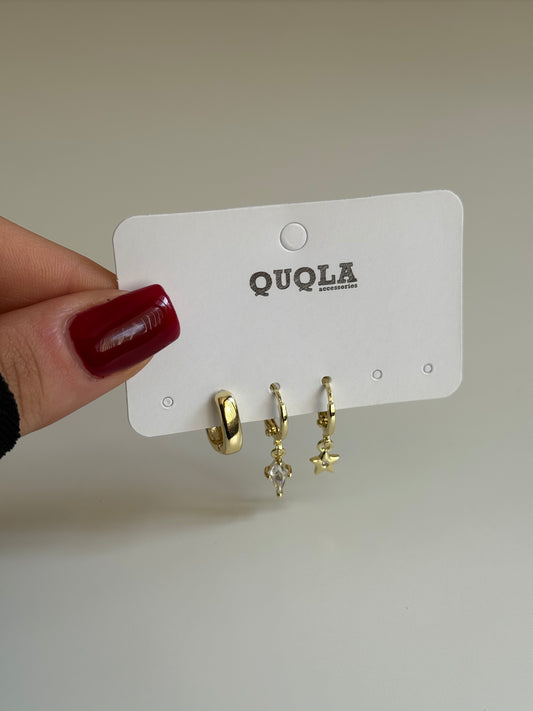 Gold Rengi Yıldız Model Üçlü Set Küpe