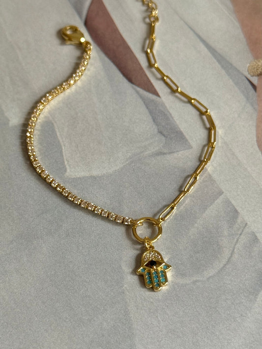 Gold Rengi Su Yolu Ve Zincirli Fatma'nın Eli Model Kadın Bileklik