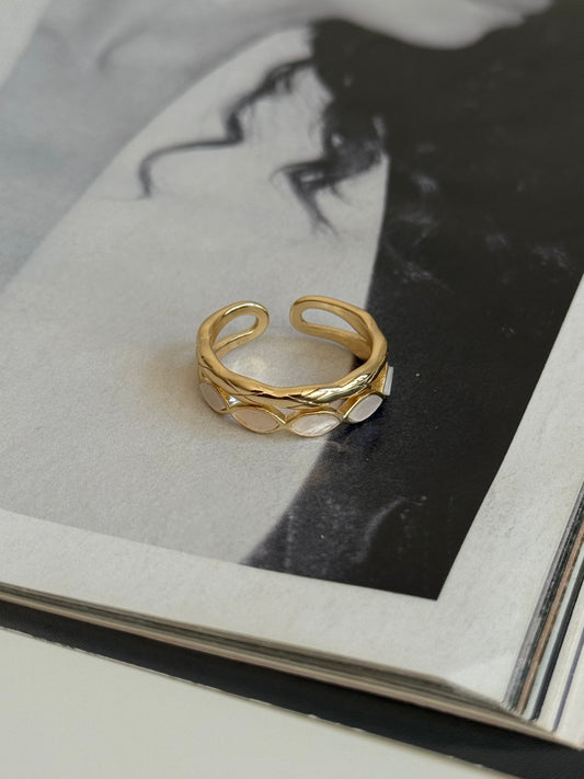 Gold Rengi İki Sıra Beyaz Damla Taşlı Kadın Yüzük