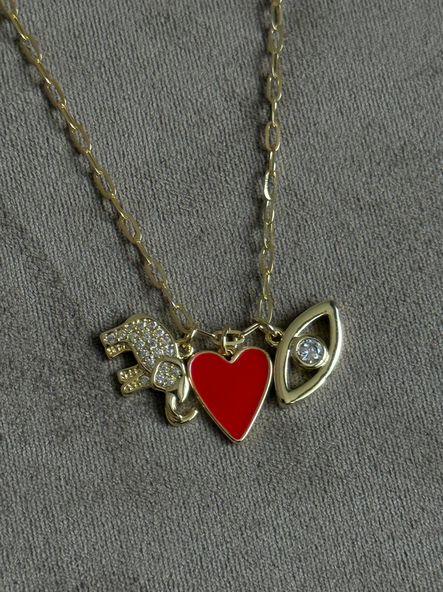 Gold Rengi Kırmızı Kalp & Fil & Göz Charm Kadın Kolye