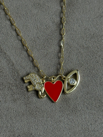 Gold Rengi Kırmızı Kalp & Fil & Göz Charm Kadın Kolye