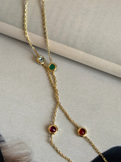 Gold Rengi Renkli Yuvarlak Taşlı İki Sıra Kadın Kolye
