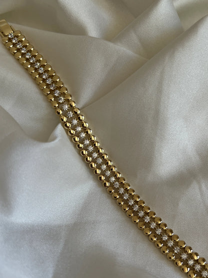 Gold Rengi Zirkon Taşlı Sıralı Yuvarlak Üç Sıra Xupıng Kadın Bileklik