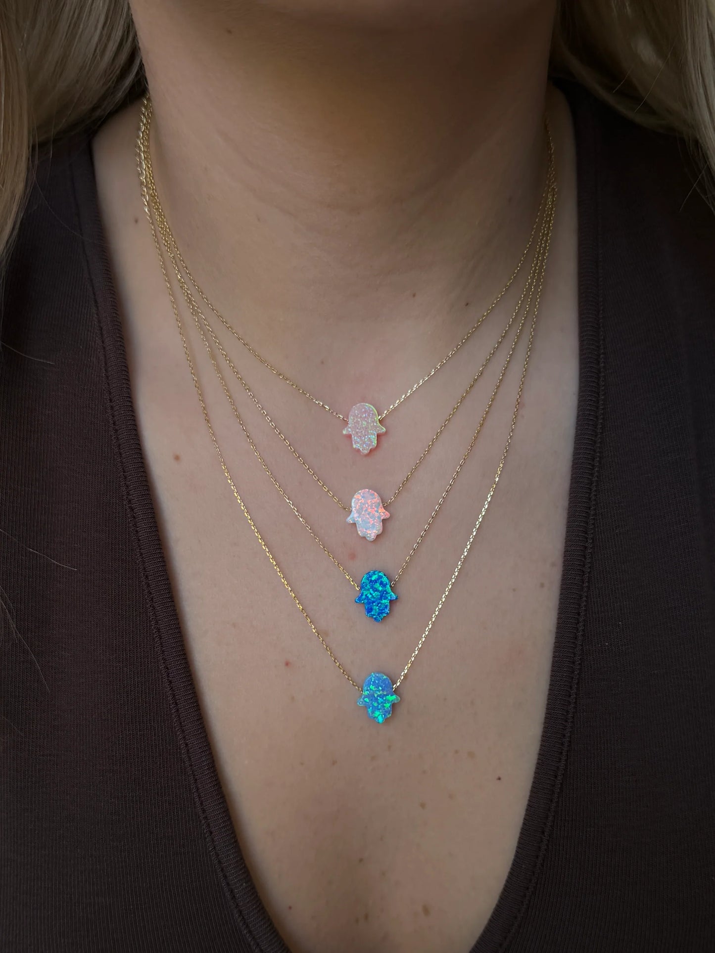 Gold Rengi Zincirli Opal Taşlı Fatma'nın Eli Model Kadın Kolye