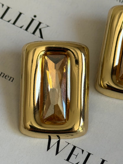Gold Rengi Renkli Taşlı Dikdörtgen Model Kadın Küpe