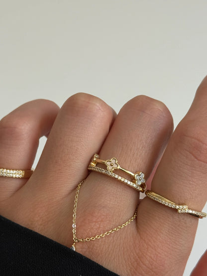 Gold Rengi Yonca Model İki Sıra Kadın Yüzük