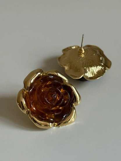 Gold Rengi Kahverengi Çiçek Model Kadın Küpe