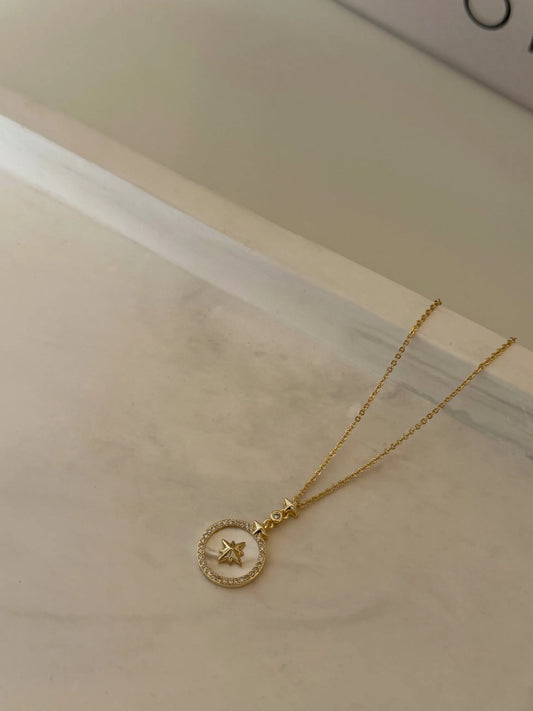 Gold Rengi Sedef Taşlı Kutup Yıldızı Detaylı Kadın Kolye