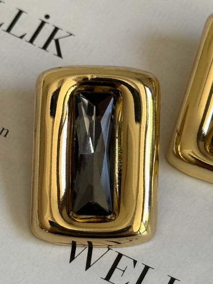 Gold Rengi Renkli Taşlı Dikdörtgen Model Kadın Küpe