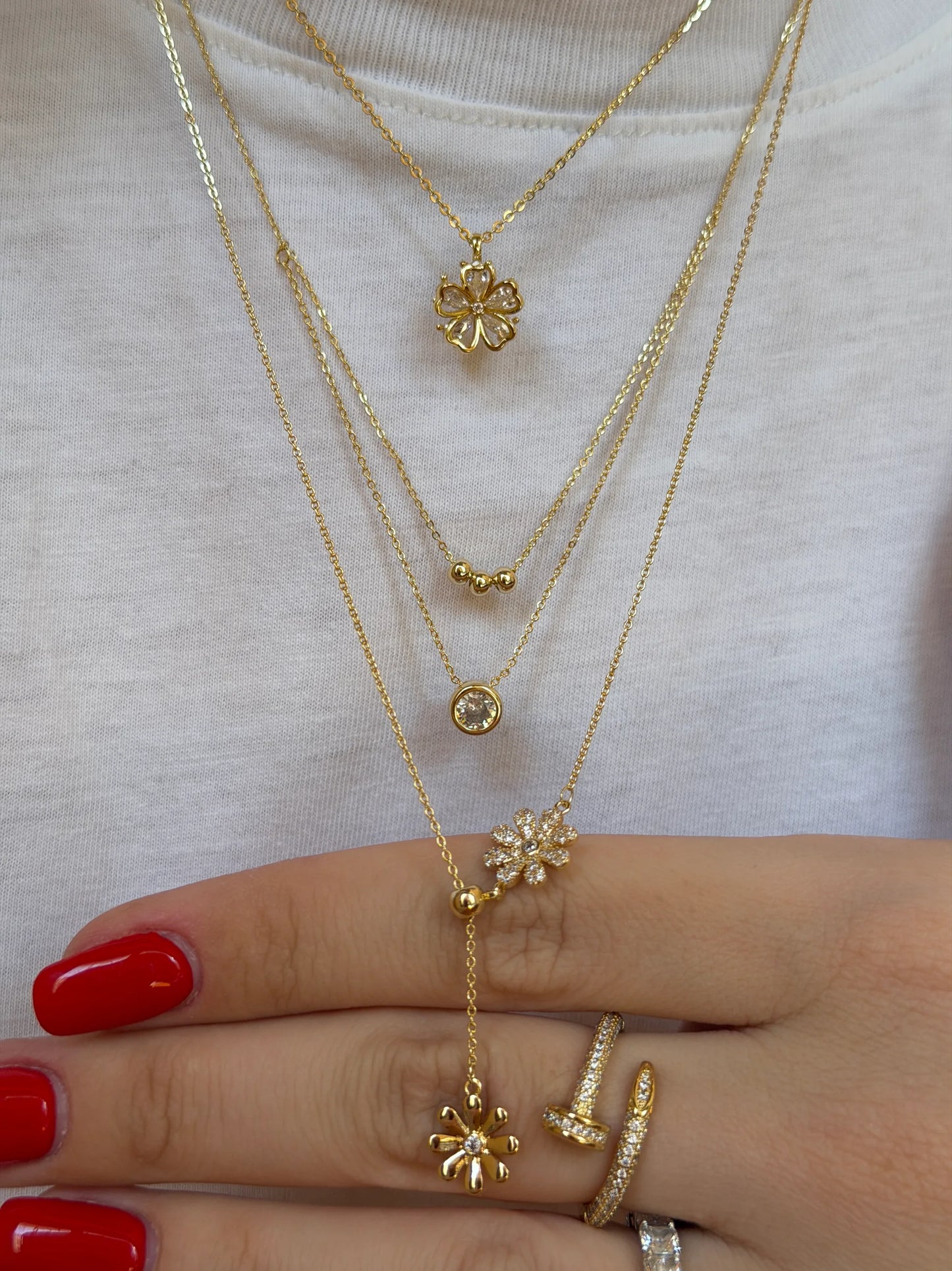 Gold Rengi Üç Toplu Yuvarlak Taş Model İki Sıra Kadın Kolye