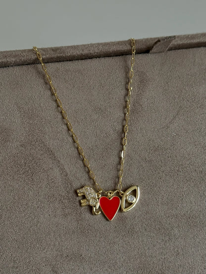 Gold Rengi Kırmızı Kalp & Fil & Göz Charm Kadın Kolye