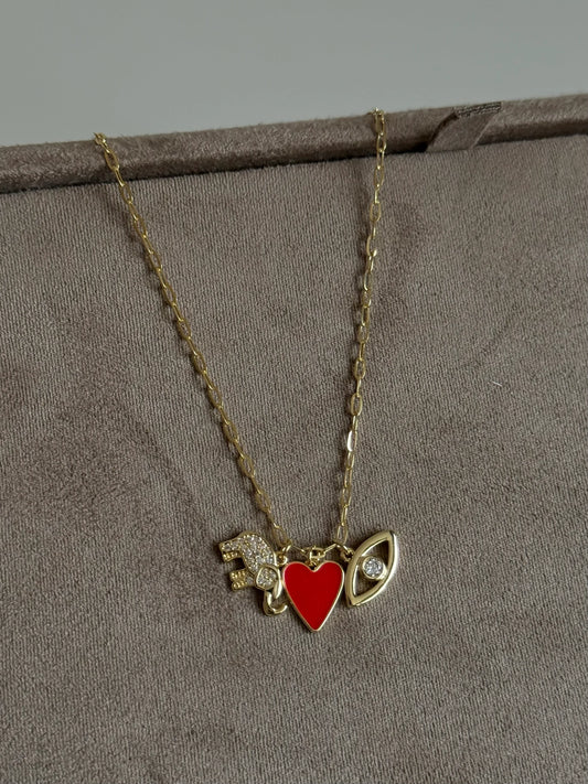 Gold Rengi Kırmızı Kalp & Fil & Göz Charm Kadın Kolye