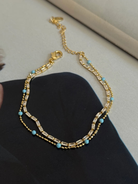 Gold Rengi Mavi Boncuklu İki Sıra Kadın Bileklik