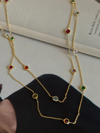 Gold Rengi Renkli Yuvarlak Taşlı İki Sıra Kadın Kolye