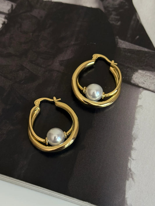 Gold Rengi İnci Detaylı İkili Kadın Halka Küpe
