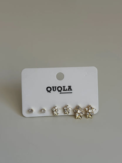Gold Rengi Çiçekli Set Küpe