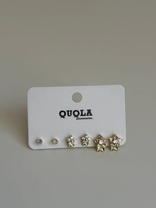 Gold Rengi Çiçekli Set Küpe
