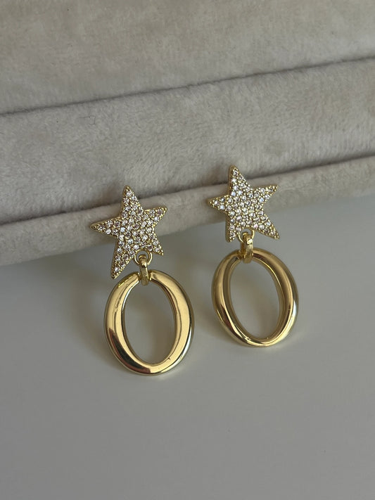 Gold Rengi Yıldız Zirkon Taşlı Yuvarlak Sallantılı Kadın Küpe