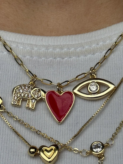Gold Rengi Kırmızı Kalp & Fil & Göz Charm Kadın Kolye
