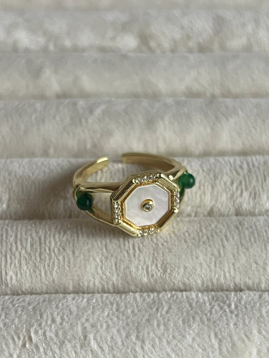 Gold Rengi Sedef Taşlı Ve Yeşil Taşlı Kadın Yüzük