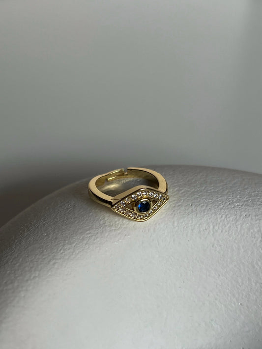 Gold Rengi Zirkon Taşlı Mavi Göz Figürlü Kadın Serçe Parmak Yüzük