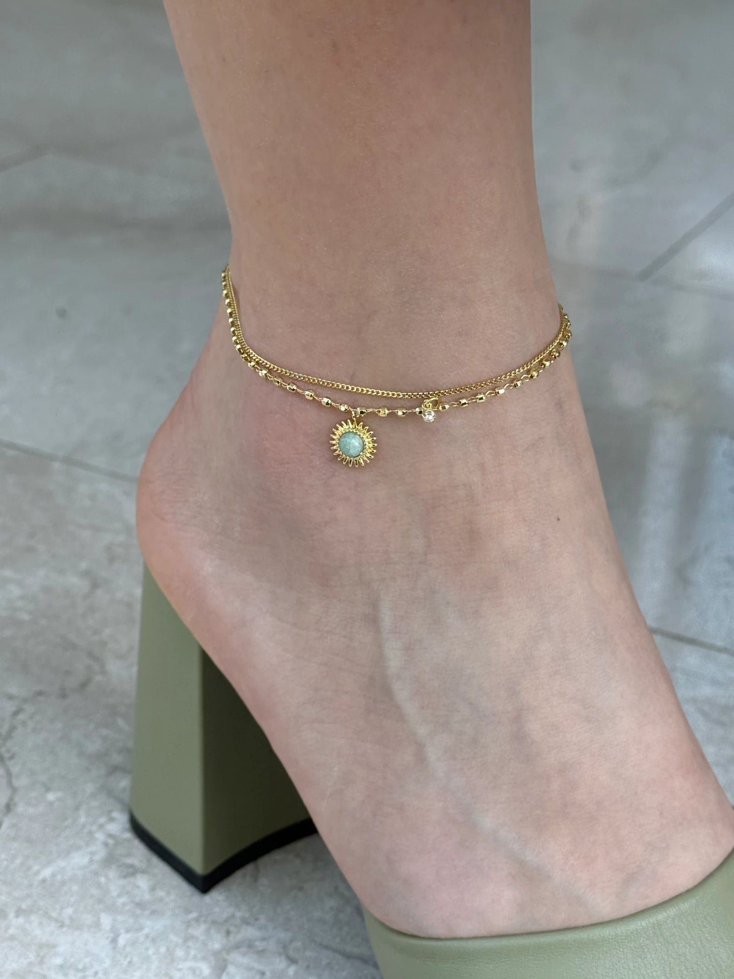 Gold Rengi Top Top İki Sıra Yeşil Taşlı Güneş Model Kadın Halhal