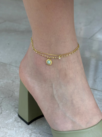 Gold Rengi Top Top İki Sıra Yeşil Taşlı Güneş Model Kadın Halhal