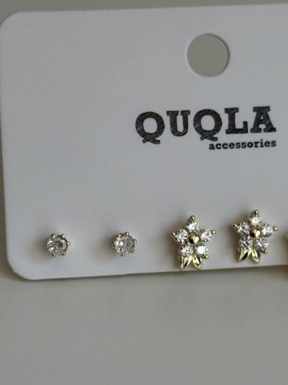 Gold Rengi Çiçekli Set Küpe